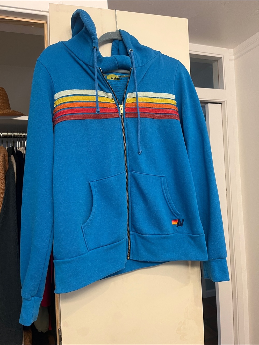 Aviator Nation Teal-Blue Zip Hoodie with Rainbow Chest Stripes